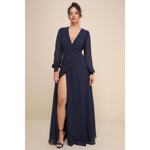 Lulu’s My Whole Heart Long Sleeve Wrap Dress Size M Navy Blue Tall Girl - Picture 1 of 7